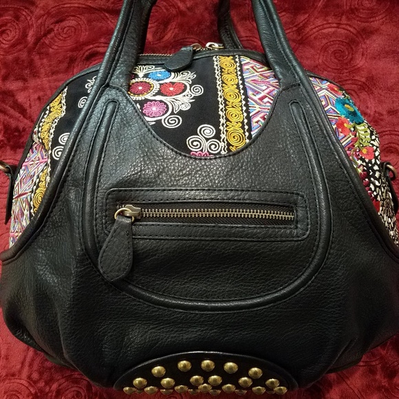 Isabella Fiore ~ Black Leather & Tapestry Handbag - Picture 2 of 8